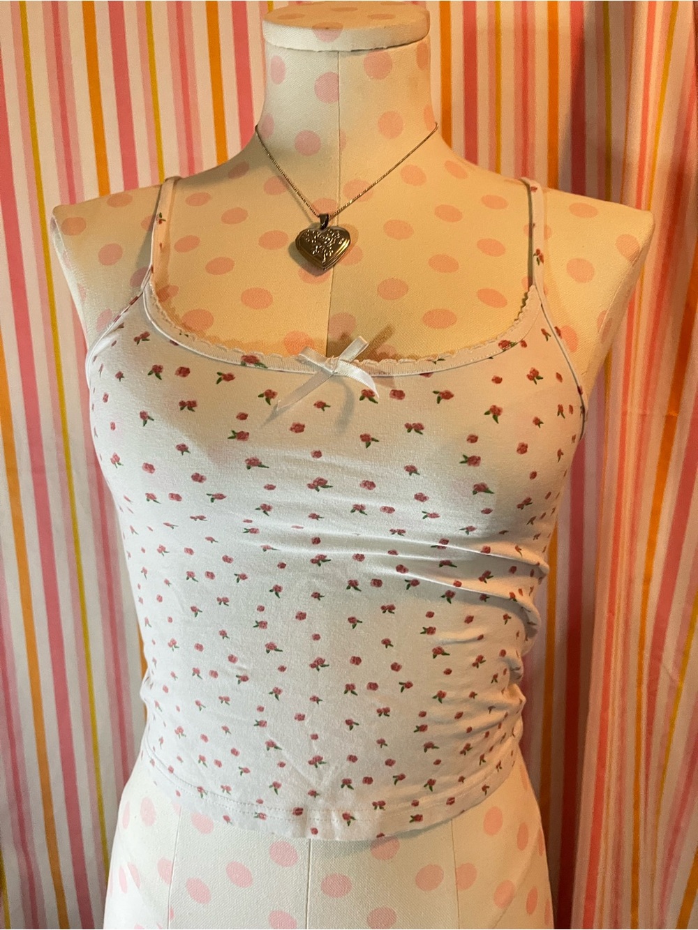 Charlotte Russe White Tank Top with Pink Rose Print and bow